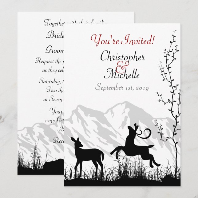 Invitación El ciervo de silueta y las montañas negro, Boda bl (Anverso / Reverso)
