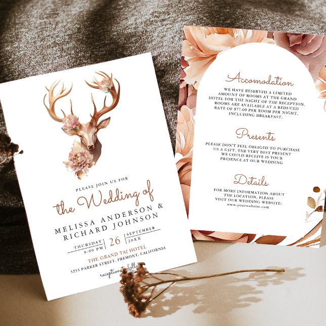 Invitación El ciervo floral Boho Terracotta todo en un Boda (Subido por el creador)