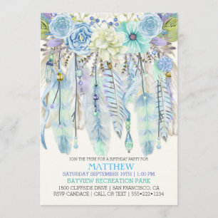 Invitación El colector ideal de Boho empluma azules turquesas
