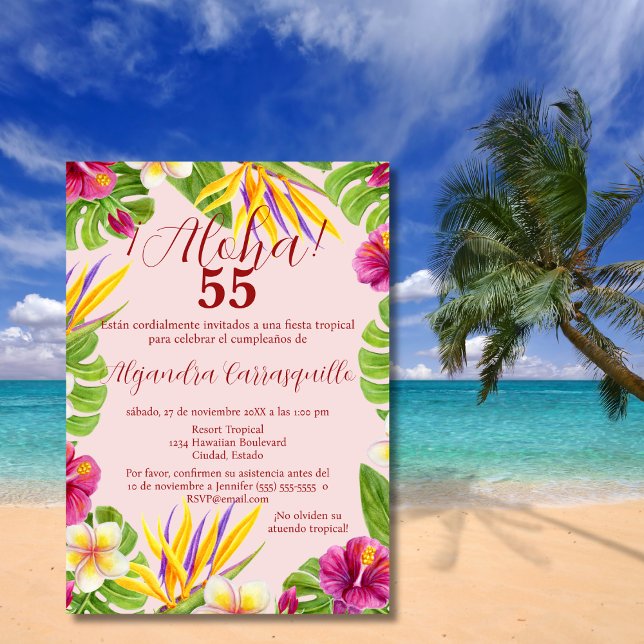 Invitación El colorido Aloha rosado español hawaiano 55º cump (Subido por el creador)