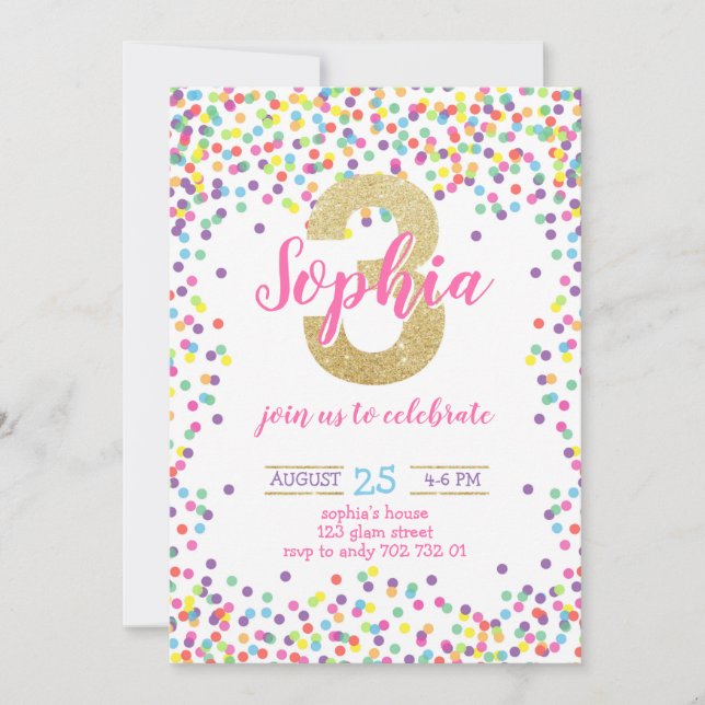 Invitación El colorido Chica Rainbow Gold de Confetti tercer  (Anverso)