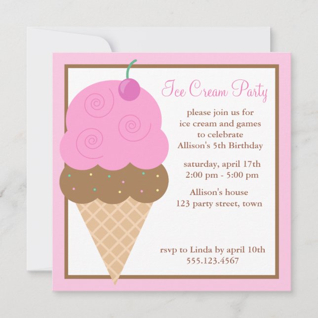 Invitación El cono de helado rosado embroma a la fiesta de (Anverso)