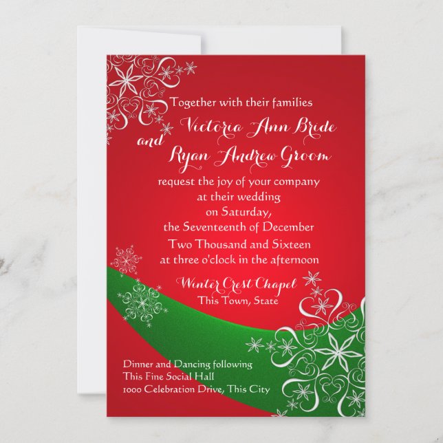 Invitación El copo de nieve rojo con la boda verde de inviern (Anverso)