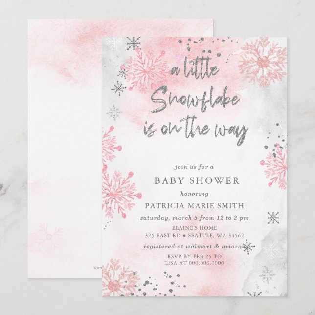 Invitación El copo de nieve rosa está en camino a Baby Shower (Anverso / Reverso)