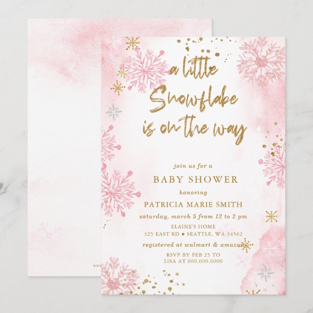 Invitación El copo de nieve rosa está en camino a Baby Shower (Anverso / Reverso)