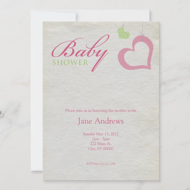 Invitación El corazón ata Baby Shower - rosa y verde (Anverso)