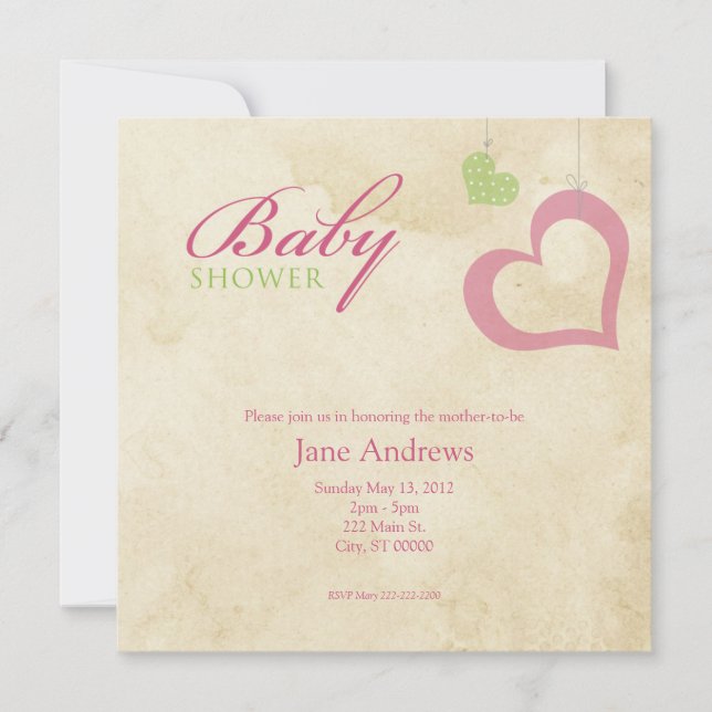 Invitación El corazón ata Baby Shower - rosa y verde (Anverso)
