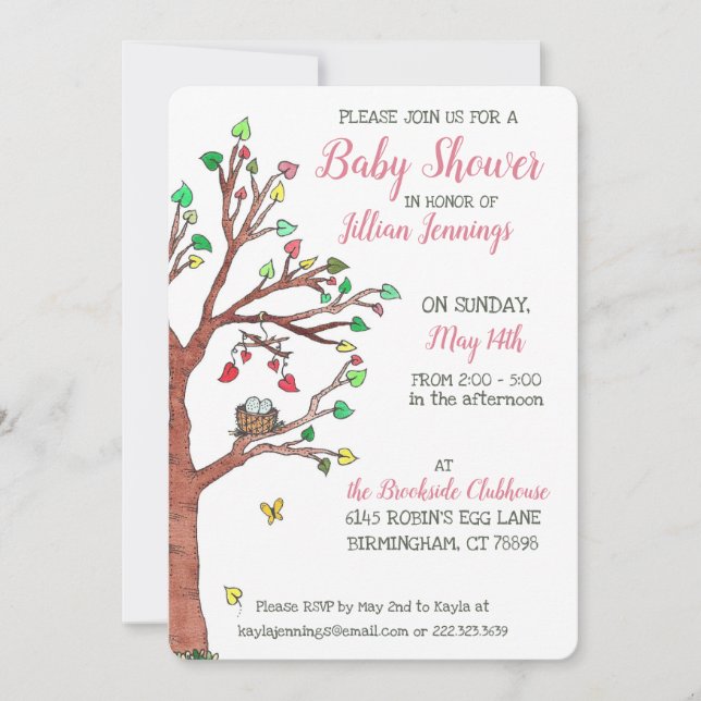 Invitación El corazón rosado deja Baby Shower con el Nido de  (Anverso)