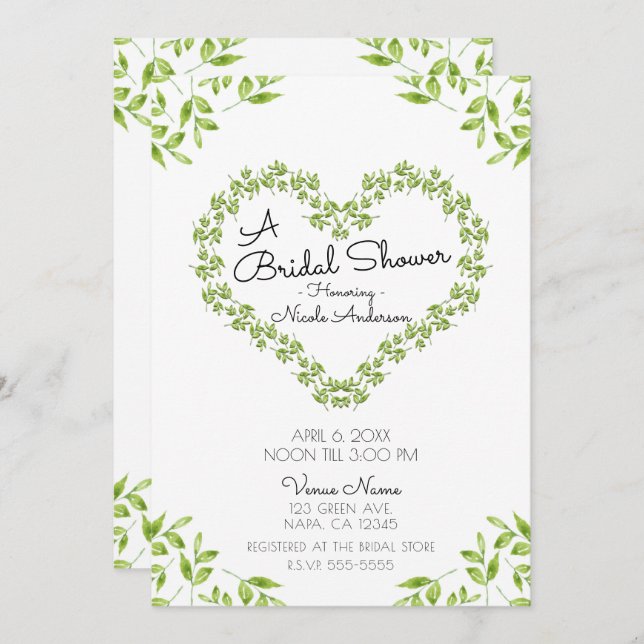 Invitación El corazón verde deja a Shabby Chic Bridal Shower (Anverso / Reverso)