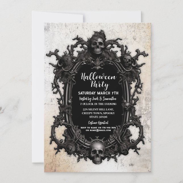 Invitación El cráneo de la fiesta de Halloween enmarcó cumple (Anverso)