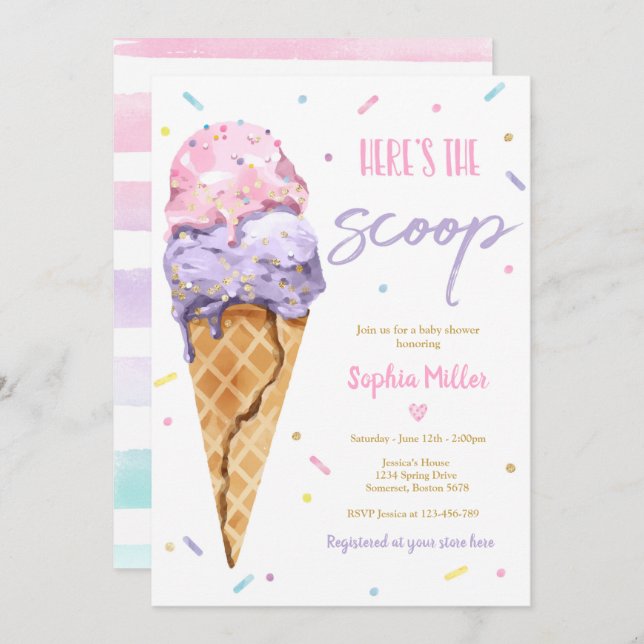 Invitación El crema de hielo Baby Shower aquí es el Scoop Bab (Anverso / Reverso)