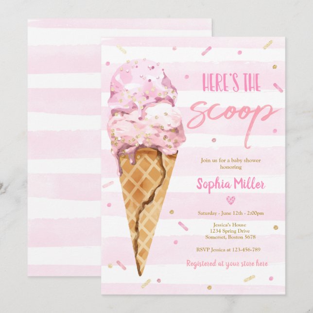 Invitación El crema de hielo Baby Shower aquí es el Scoop Bab (Anverso / Reverso)