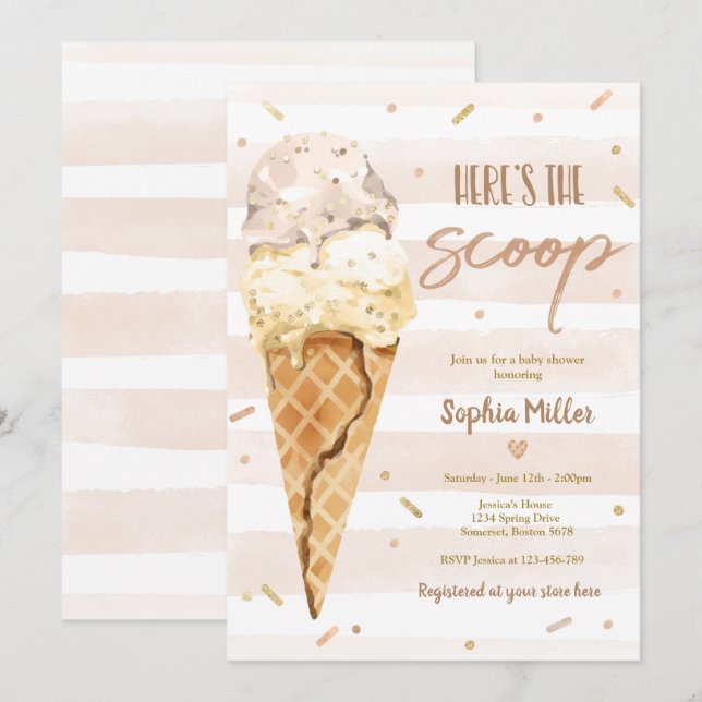 Invitación El crema de hielo Baby Shower aquí es el Scoop Bab (Anverso / Reverso)