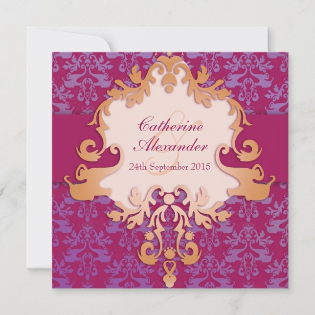 Invitación El cuadrado rojo del boda de oro del damasco del (Anverso)