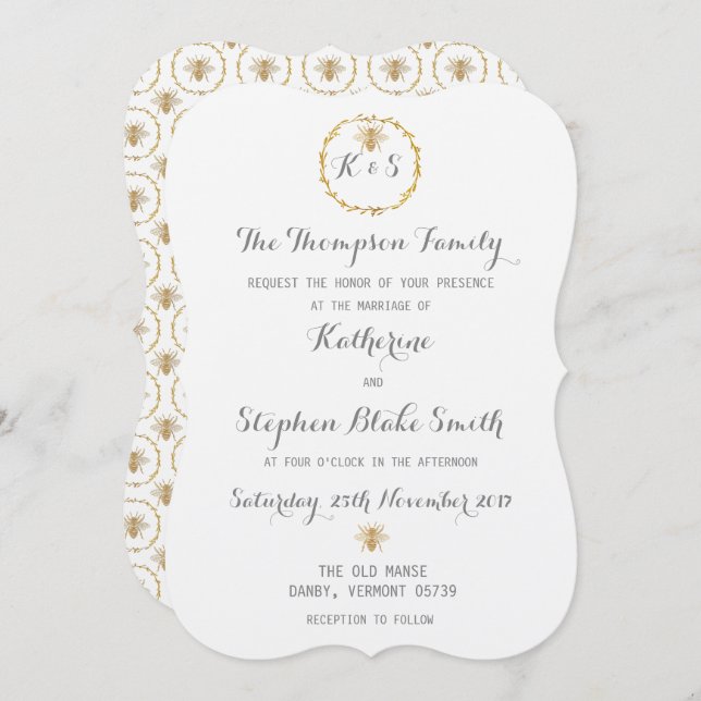 Invitación El cualquier casarse de oro de las abejas del (Anverso / Reverso)