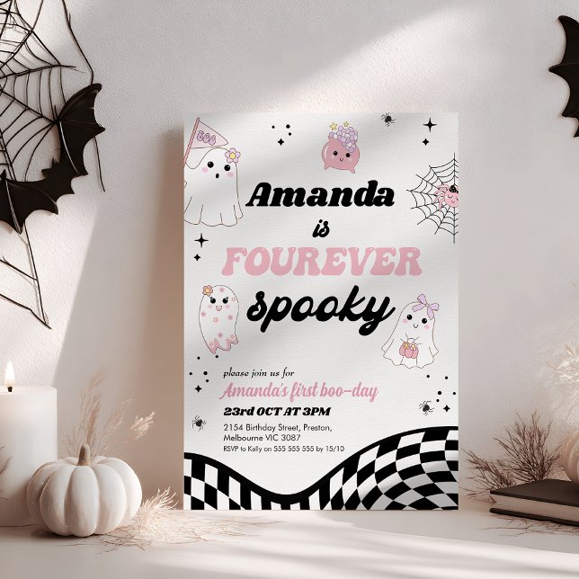 Invitación El cuarto cumpleaños del Fourever Negro Rosado Ret (Girls Fourever Spooky 4th Birthday Invitation, Halloween Fourever Spooky Birthday Invitation, Pink)
