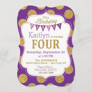 Invitación El cuarto cumpleaños del oro de la chispa púrpura