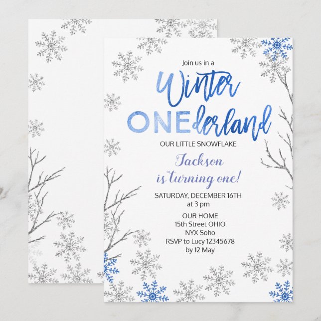 Invitación El cumpleaños AZUL de la nieve de ONEderland del (Anverso / Reverso)