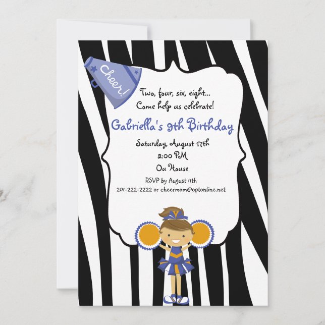 Invitación El cumpleaños azul rayado cebra de la animadora (Anverso)