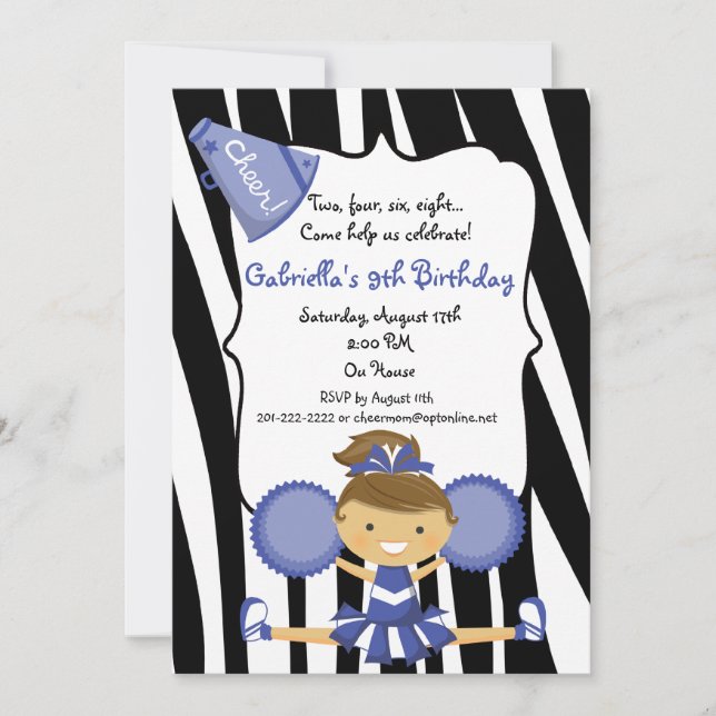 Invitación El cumpleaños azul rayado cebra de la animadora (Anverso)
