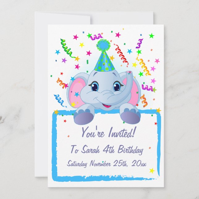 Invitación El cumpleaños de Cute Elephant invita (Anverso)