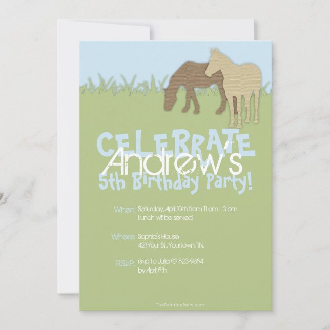Invitación El cumpleaños de dos chicos de caballos marrones (Anverso)