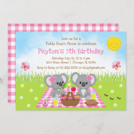 Invitación El cumpleaños de Gingham rosa Picnic de Koala Bear