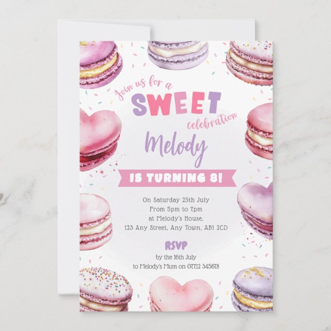 Invitación El cumpleaños de Heart Macaron invita a la dulce c (Anverso)