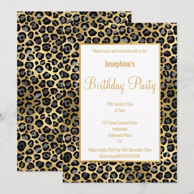 INVITACIÓN EL CUMPLEAÑOS DE LA LEOPARDA NEGRA Y ORO IMPRESION (Anverso / Reverso)