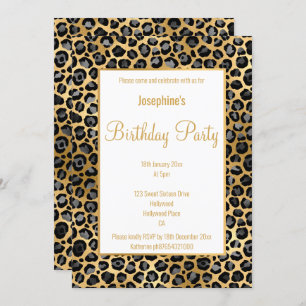 INVITACIÓN EL CUMPLEAÑOS DE LA LEOPARDA NEGRA Y ORO IMPRESION