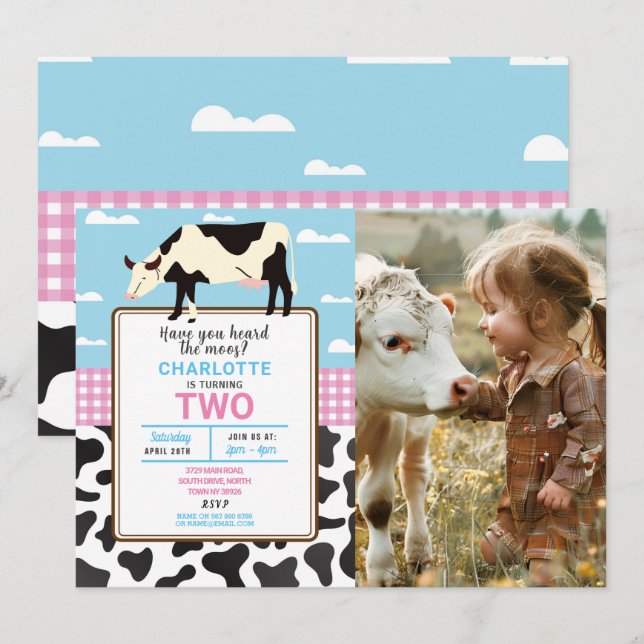 Invitación El cumpleaños de la vaca invita a dos Fiestas de l (Anverso / Reverso)
