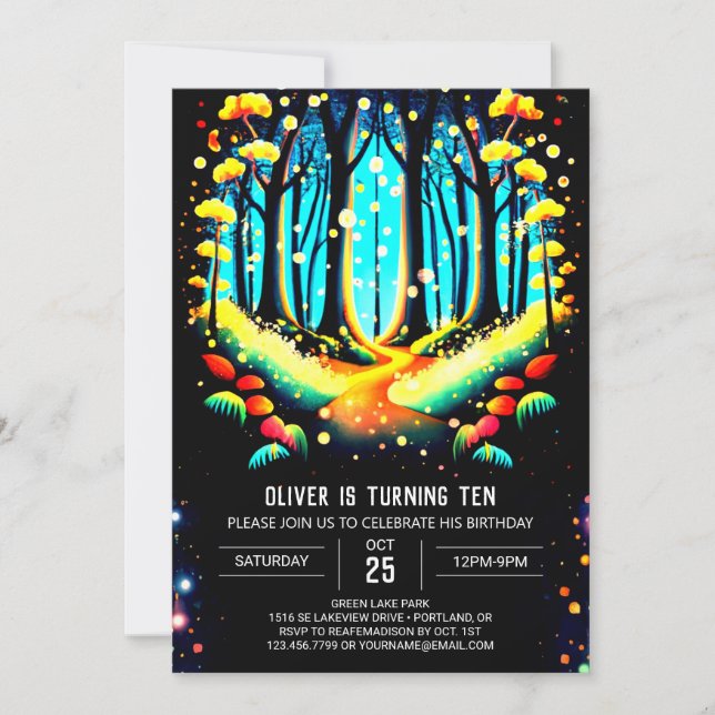 Invitación El cumpleaños de las luciérnagas de Woods (Anverso)