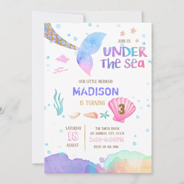 Invitación El cumpleaños de las sirenas de la acuarela invita (Anverso)