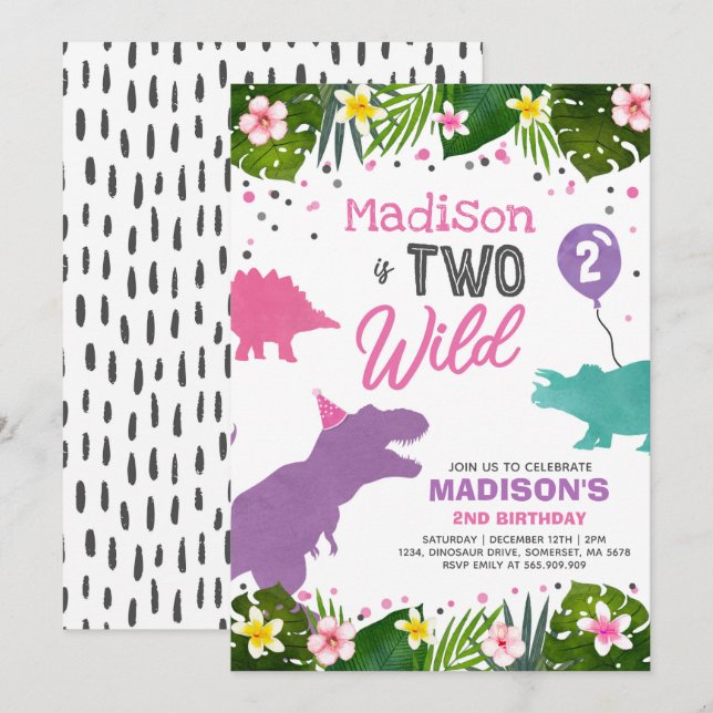 Invitación El cumpleaños de los dinosaurios invita a dos Fies (Anverso / Reverso)