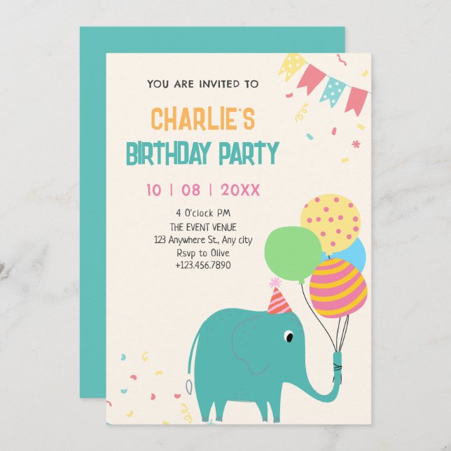 Invitación El cumpleaños de los globos de elefante lindo (Anverso / Reverso)
