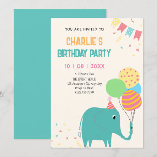 Invitación El cumpleaños de los globos de elefante lindo