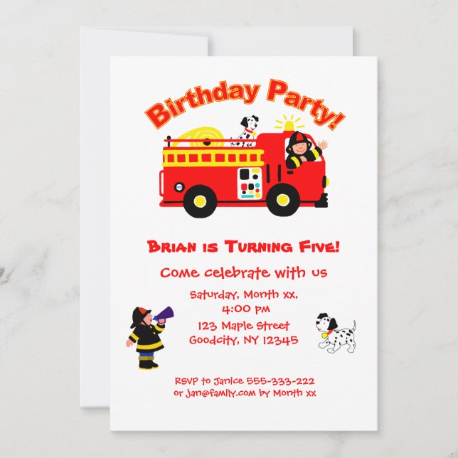 Invitación El cumpleaños de los niños del coche de bomberos (Anverso)