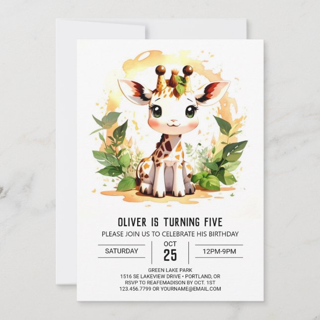 Invitación El cumpleaños de Safari de Baby Giraffe (Anverso)