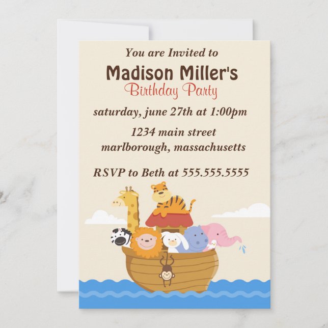 Invitación El cumpleaños del arco de Noah invita (Anverso)