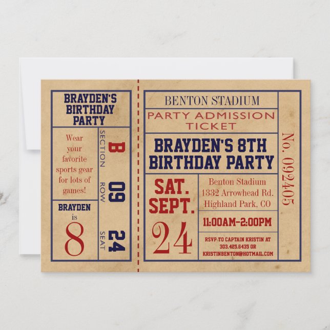 Invitación El cumpleaños del boleto de los deportes del (Anverso)