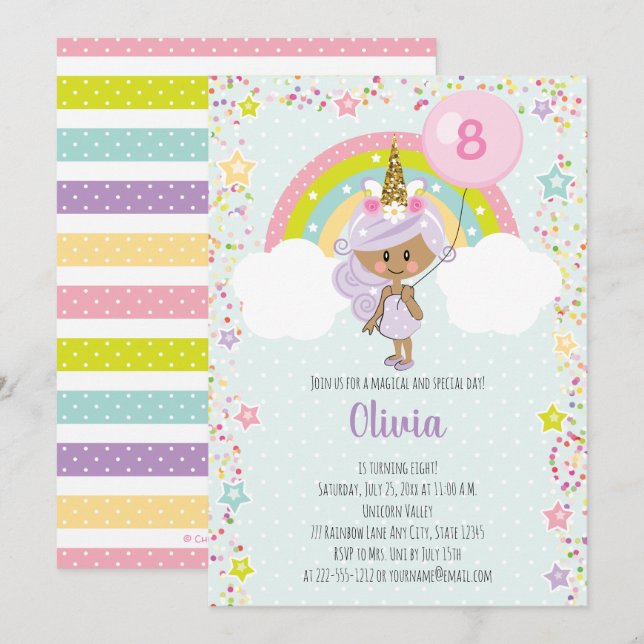 Invitación El cumpleaños del Chica unicornio invita a cualqui (Anverso / Reverso)