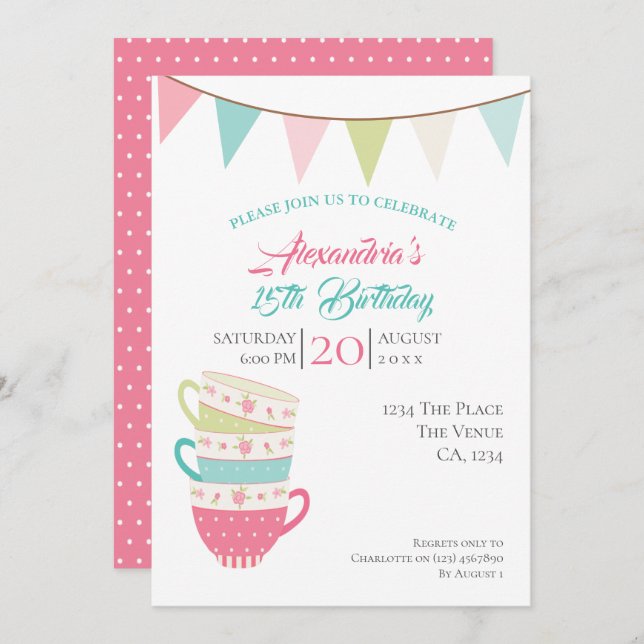 Invitación El cumpleaños del Fiesta de té lindo personalizado (Anverso / Reverso)