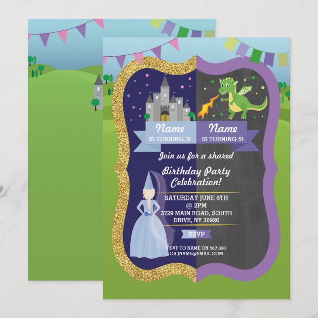 Invitación El cumpleaños del niño compartido Princess & Drago (Anverso / Reverso)