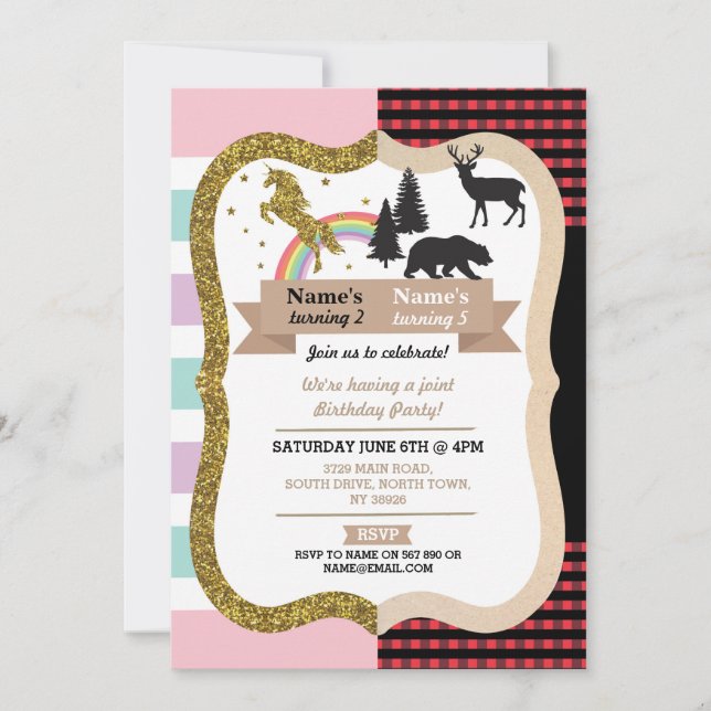 Invitación El cumpleaños del niño Unicorn y Lumberjack (Anverso)
