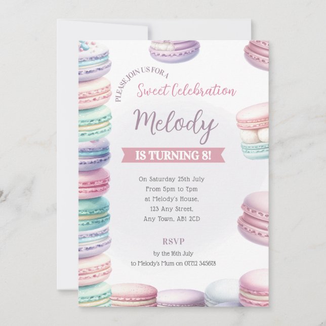 Invitación El cumpleaños del Pastel Macaron invita a la dulzu (Anverso)