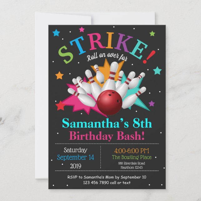 Invitación El cumpleaños del Pin de bolos de la explosión (Anverso)