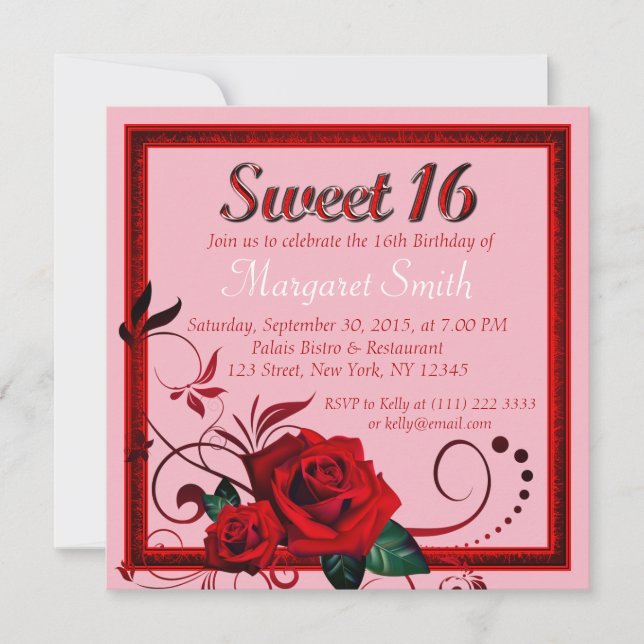 Invitación El cumpleaños elegante del dulce 16 del rosa rojo (Anverso)