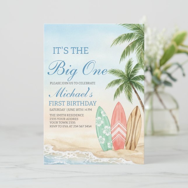 Invitación El Cumpleaños Número Uno de Playa y Surf (Anverso de pie)