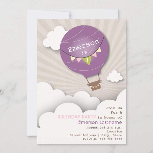 Invitación El cumpleaños púrpura de los niños del globo y de (Anverso)
