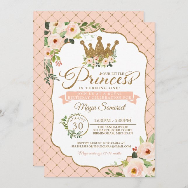 Invitación El cumpleaños real floral de la pequeña princesa R (Anverso / Reverso)